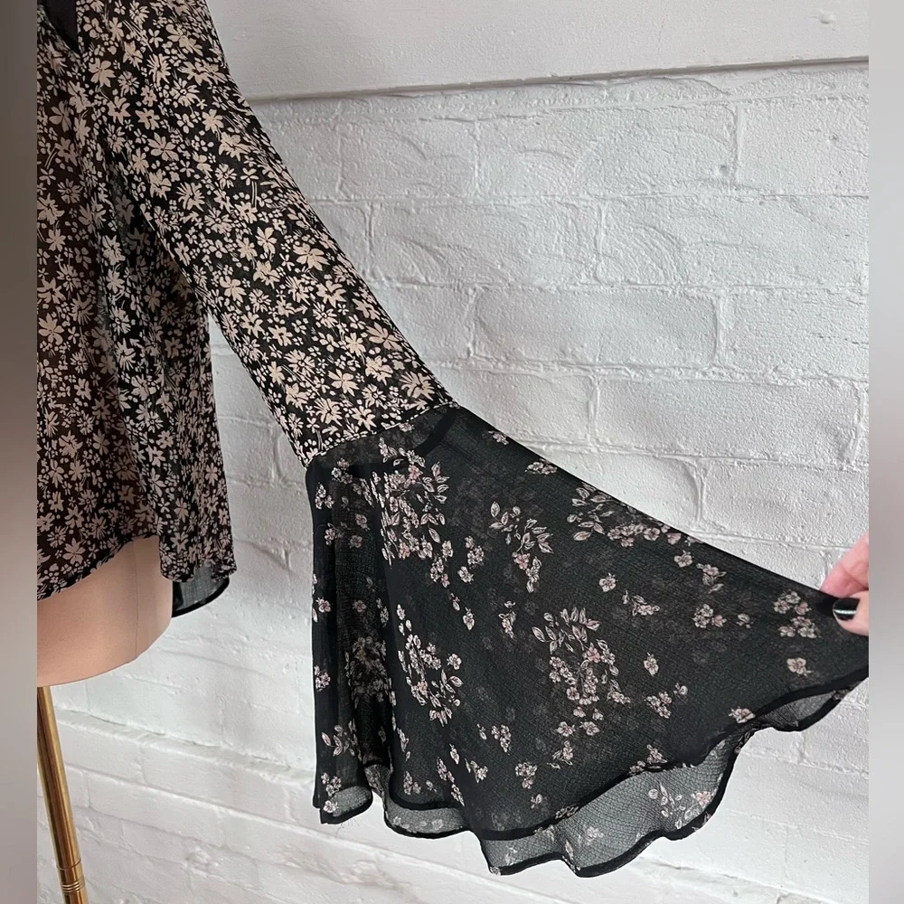 FreePeople Serena Black Floral Blouse Sheer Button Up Ditzy Cottage Witch Size M - Picture 11 of 16
